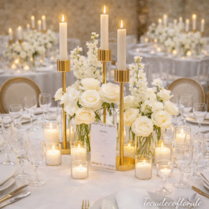 Trio de Bougeoir doré fleurs blanches – max 15